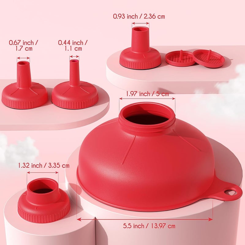 Pisol Wide Mouth Versatile Funnel, Canning Funnels for Kitchen Use, Food Grade Plastic Cooking Funnel Set with 4 Size Spouts and 2 Strainers for Filling Different Bottles and Bags, Red - Image 3